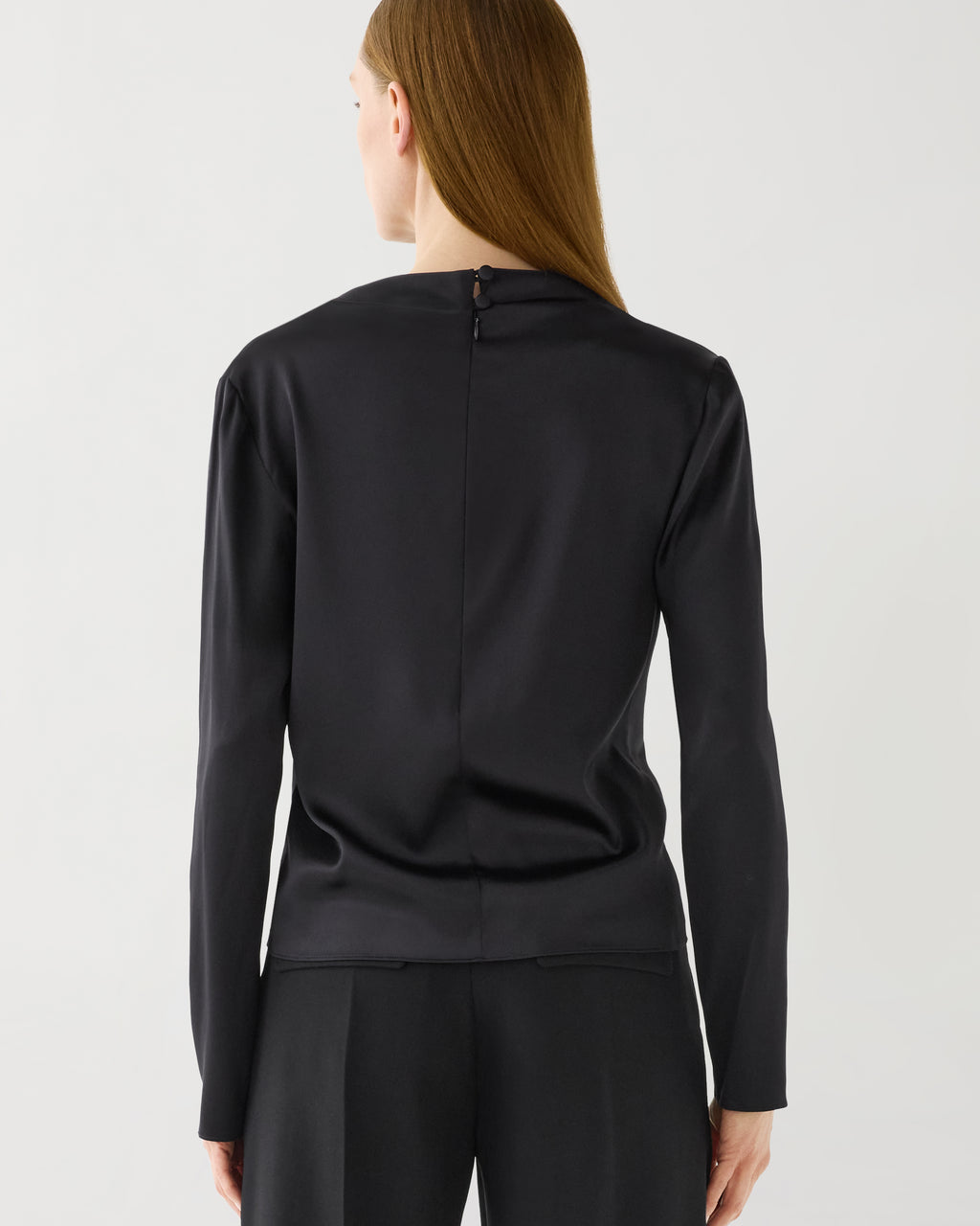Black stretch silk Cecilia top by SALE, featuring a sleek design and elegant drape, perfect for versatile styling.