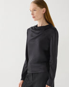 Black stretch silk Cecilia top from SALE, featuring a sleek design and elegant drape, perfect for versatile styling.
