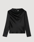 Cecilia Top packshot. Black luxurious stretch silk long-sleeved top with draped cowl neck