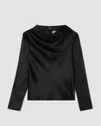 Black Cecilia Top in stretch silk by SALE, featuring a sleek design and smooth texture, displayed on a neutral background.