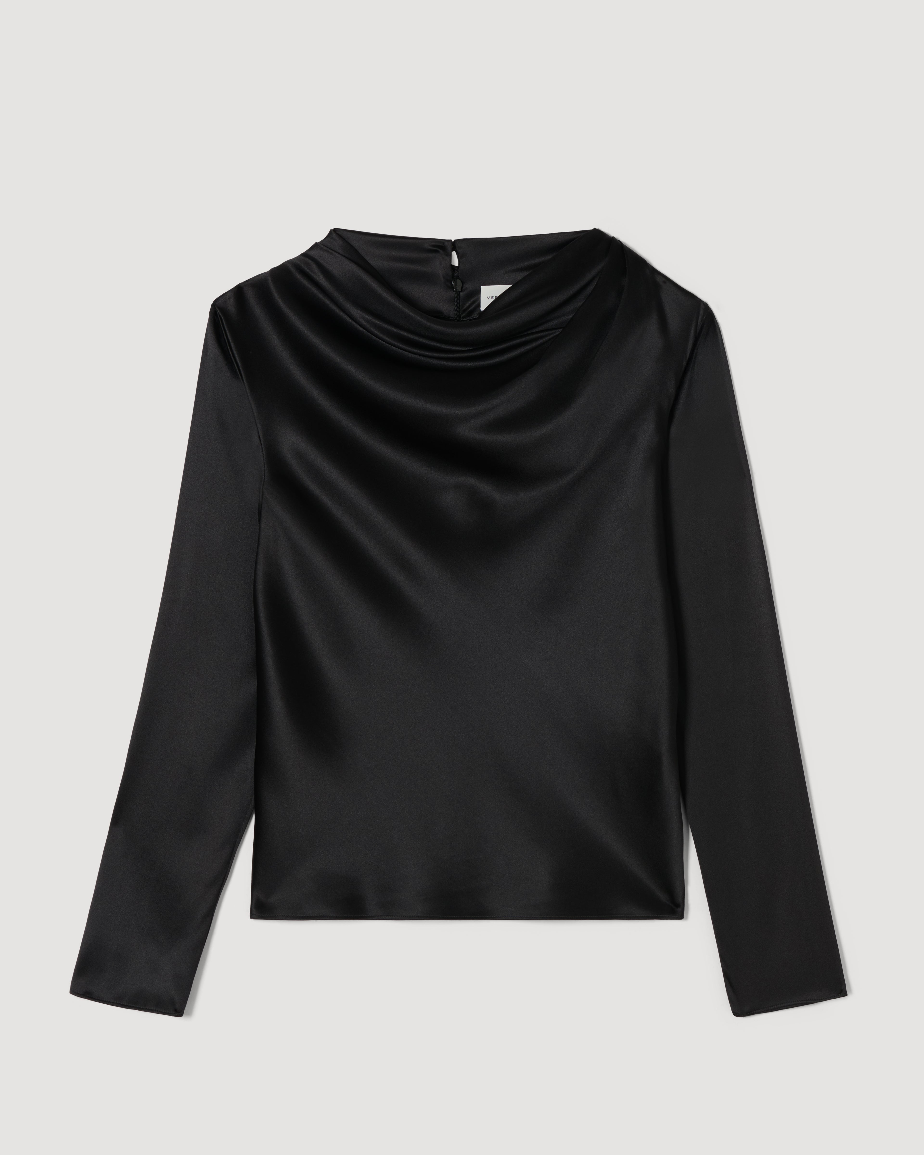 Black Cecilia Top in stretch silk by SALE, featuring a sleek design and smooth texture, displayed on a neutral background.