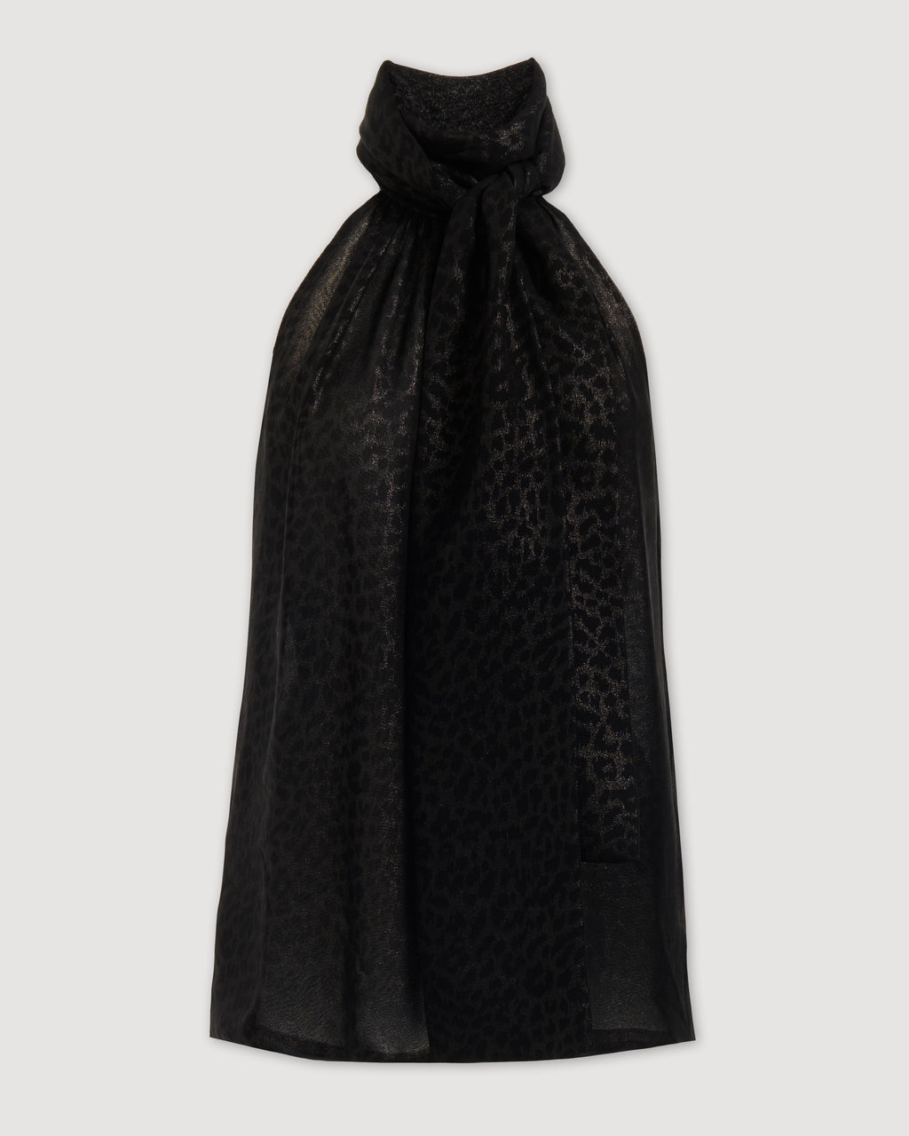 Silver leopard print silk Elysia top by Veronica De Piante, showcasing a stylish design and elegant fabric drape.
