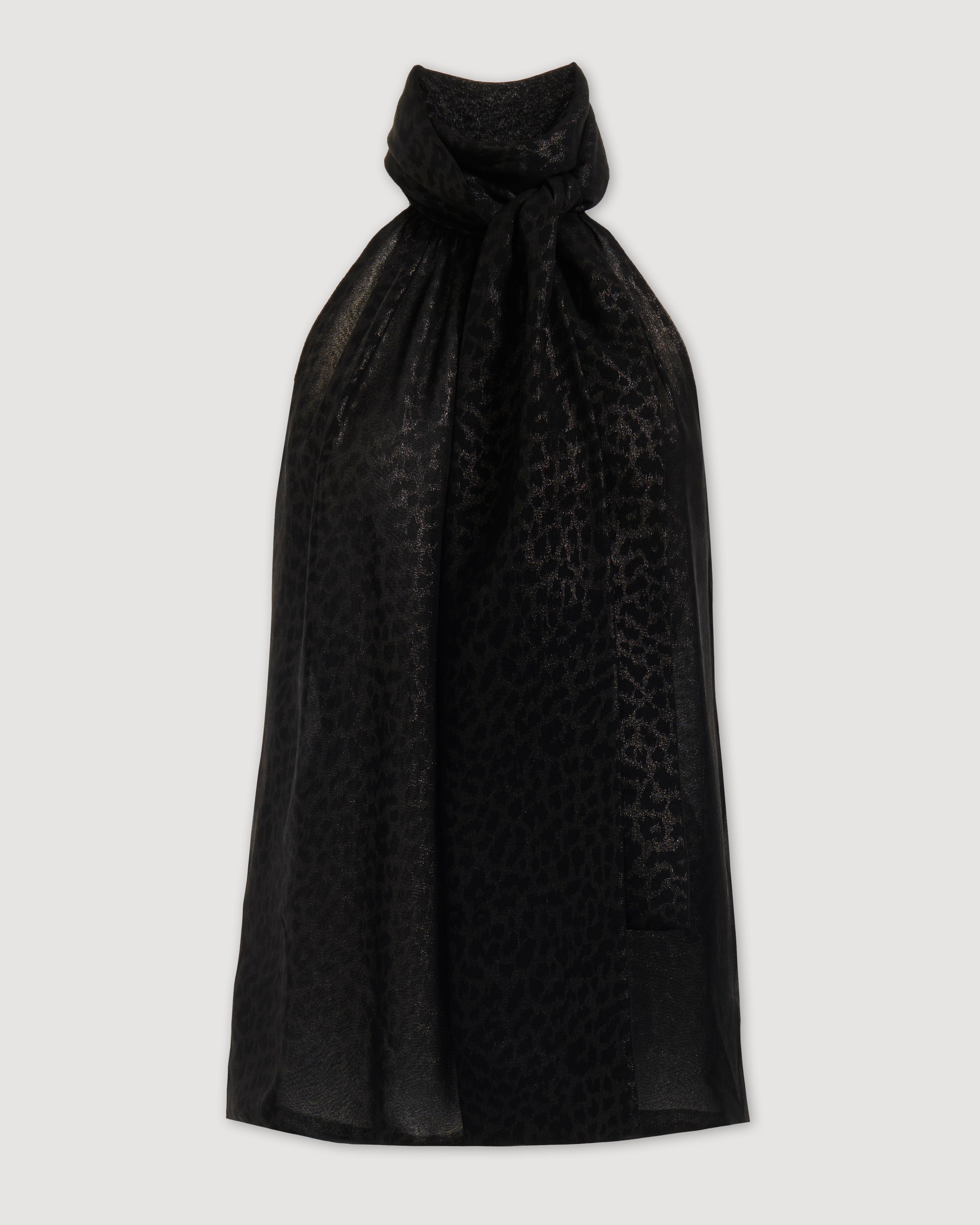 Silver leopard print silk Elysia top by Veronica De Piante, showcasing a stylish design and elegant fabric drape.