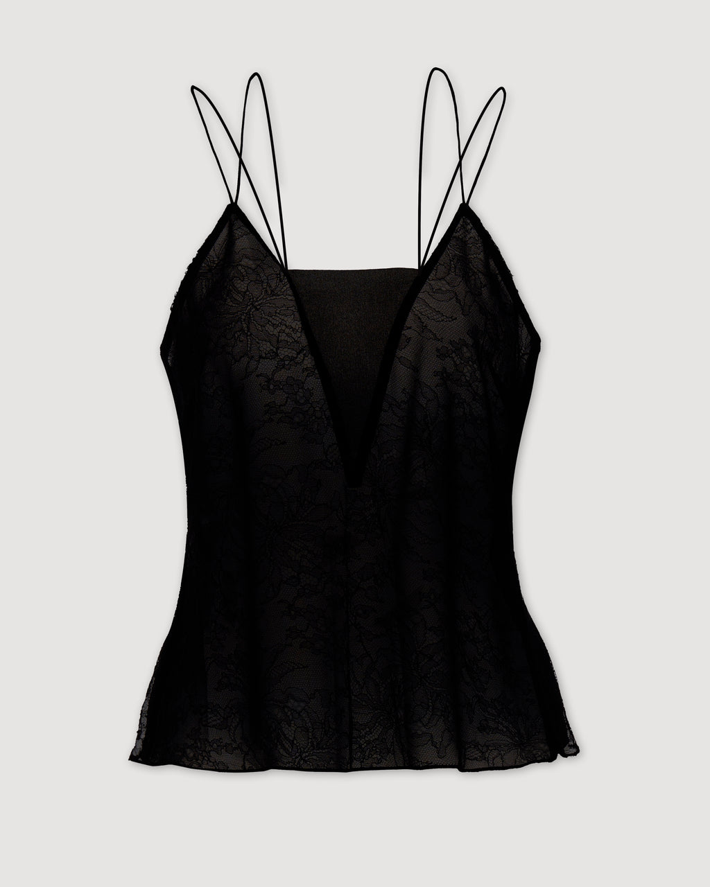 Black lace Mariana camisole top by Veronica De Piante, showcasing intricate lace detailing and a flattering silhouette.