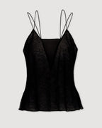 Black lace Mariana camisole top by Veronica De Piante, showcasing intricate lace detailing and a flattering silhouette.