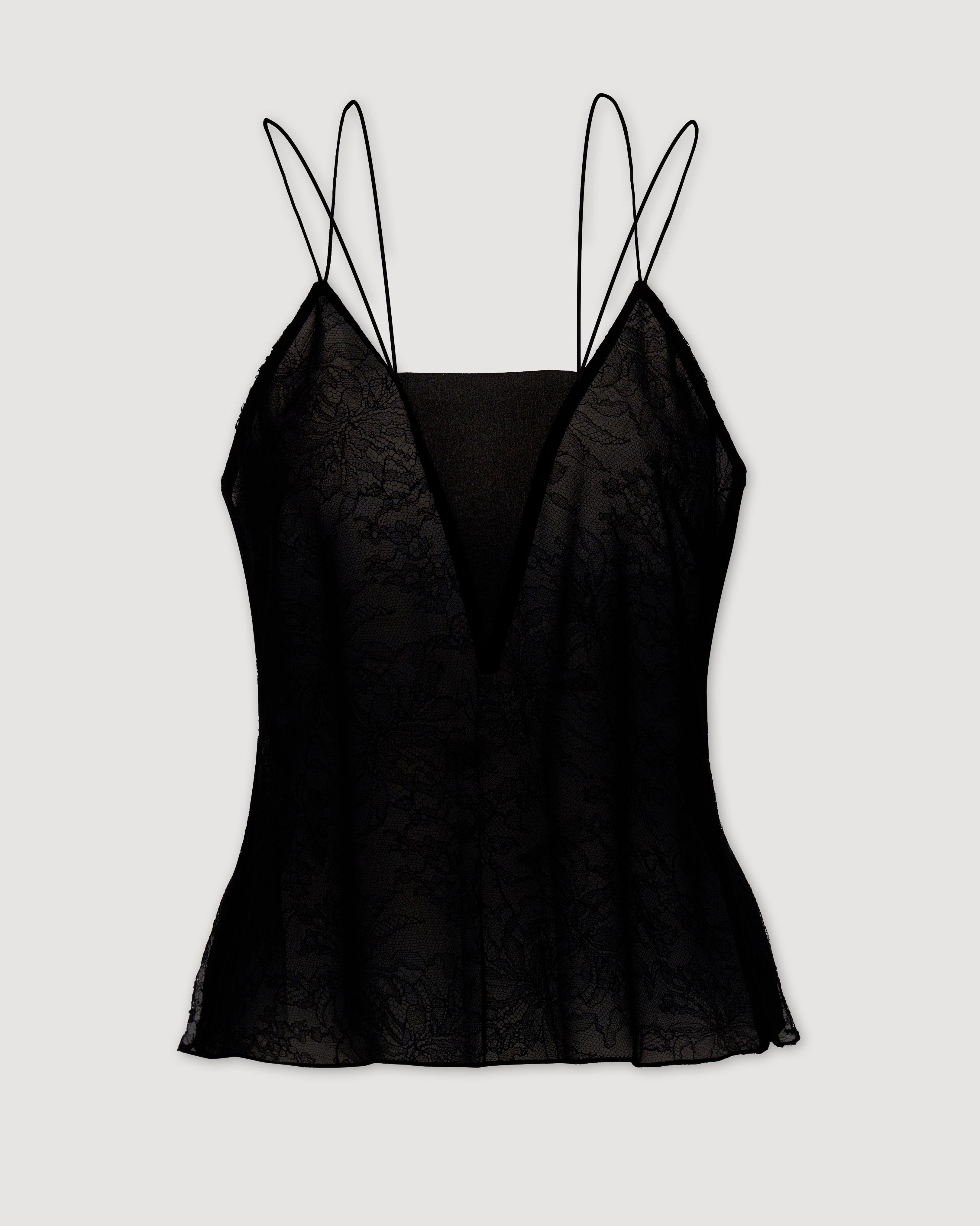 Black lace Mariana camisole top by Veronica De Piante, showcasing intricate lace detailing and a flattering silhouette.