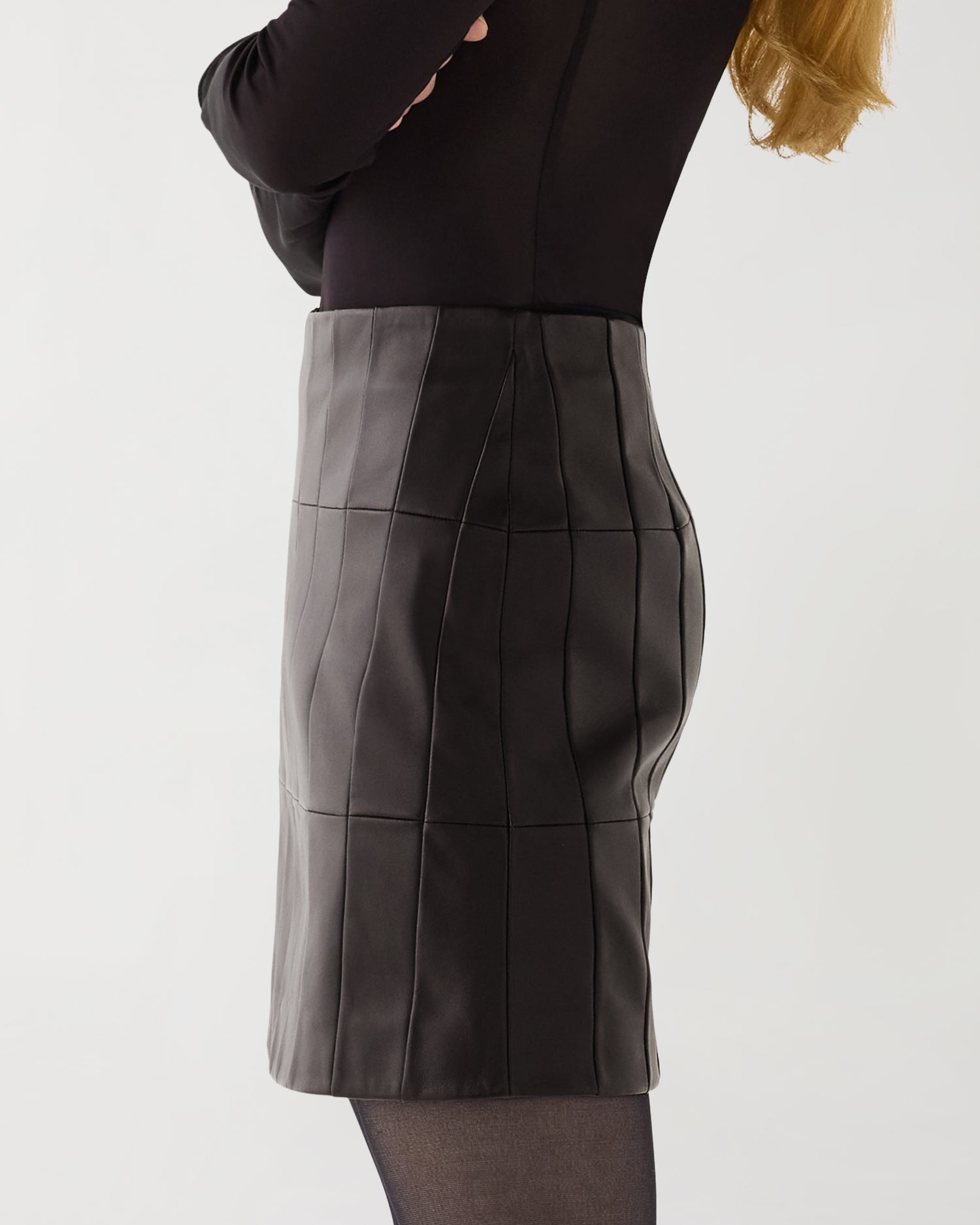 Cecily Mini Skirt in Patchwork Nappa Leather,  Chocolate