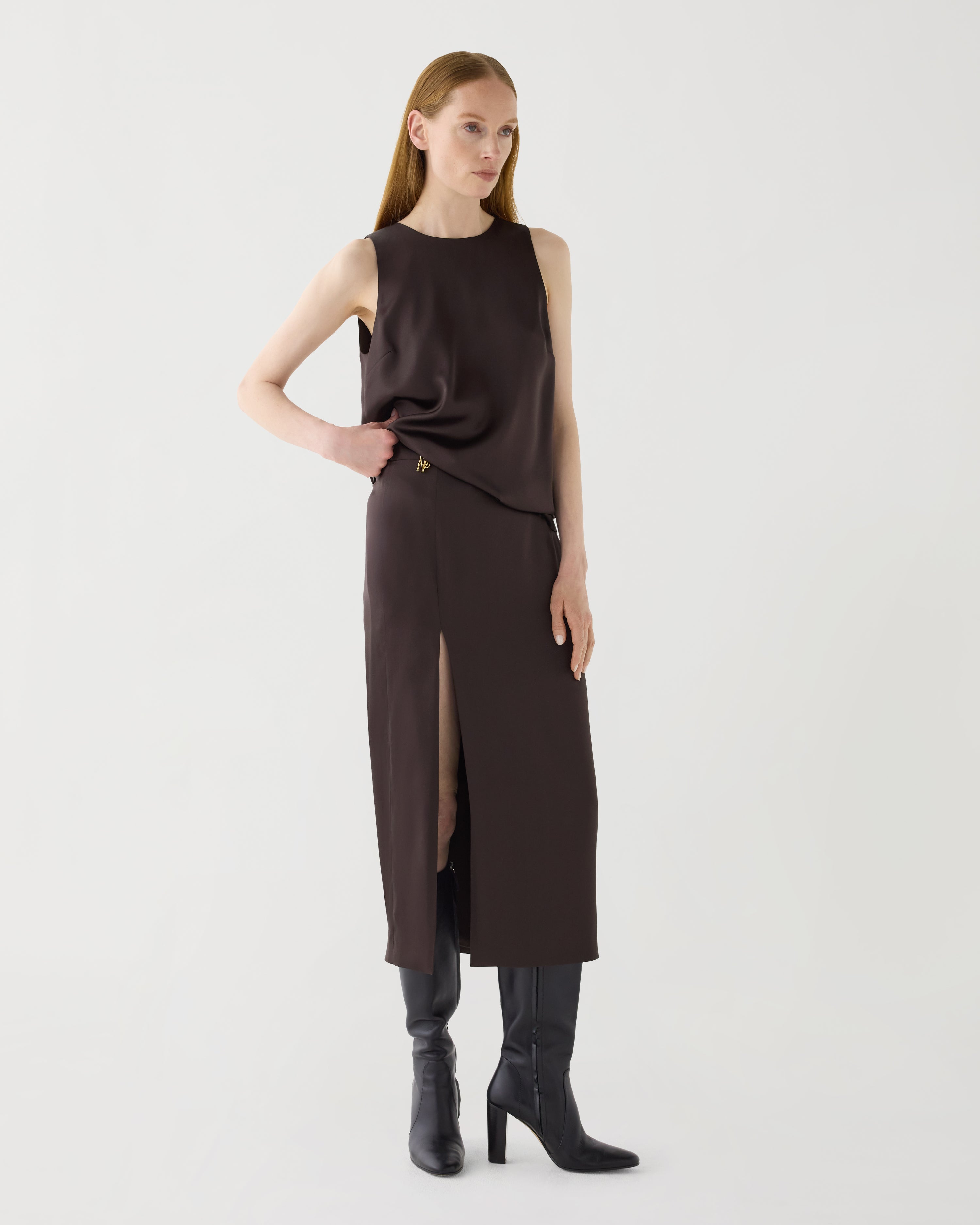 Elea Skirt in Stretch Satin, Chocolate