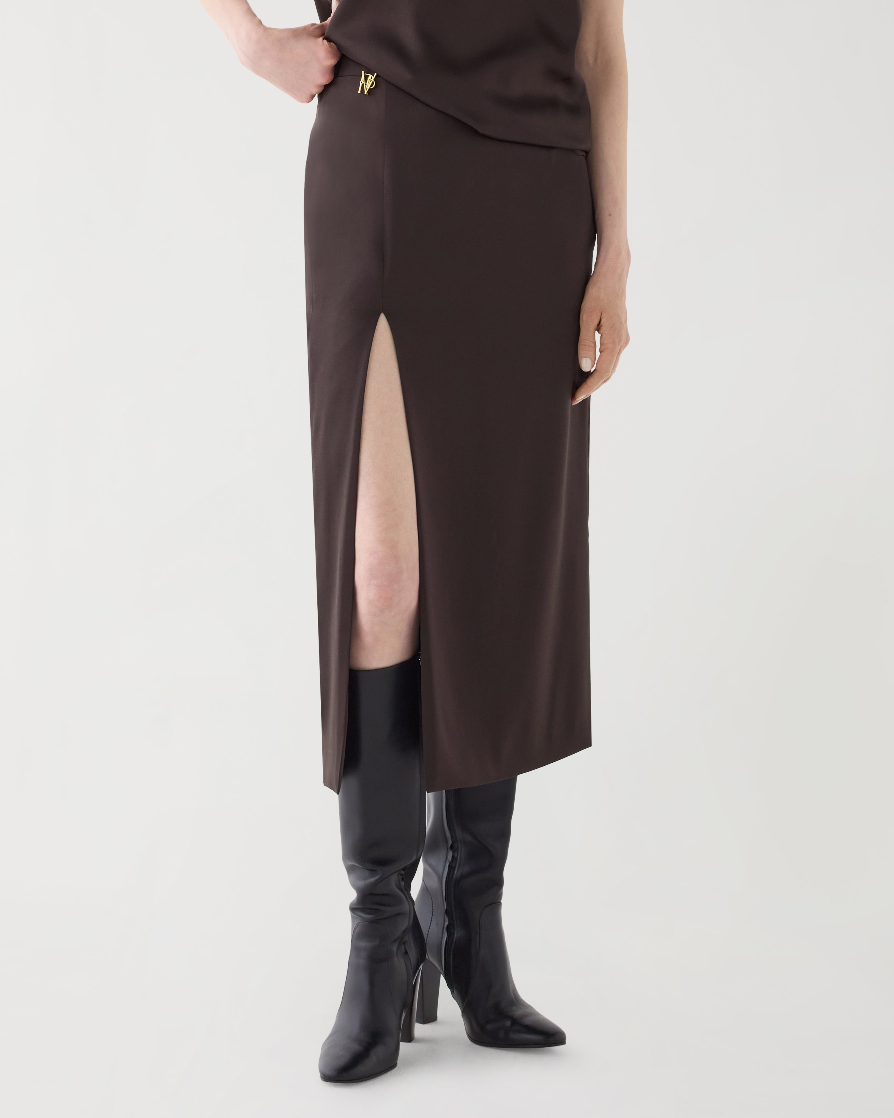 Elea Skirt in Stretch Satin, Chocolate