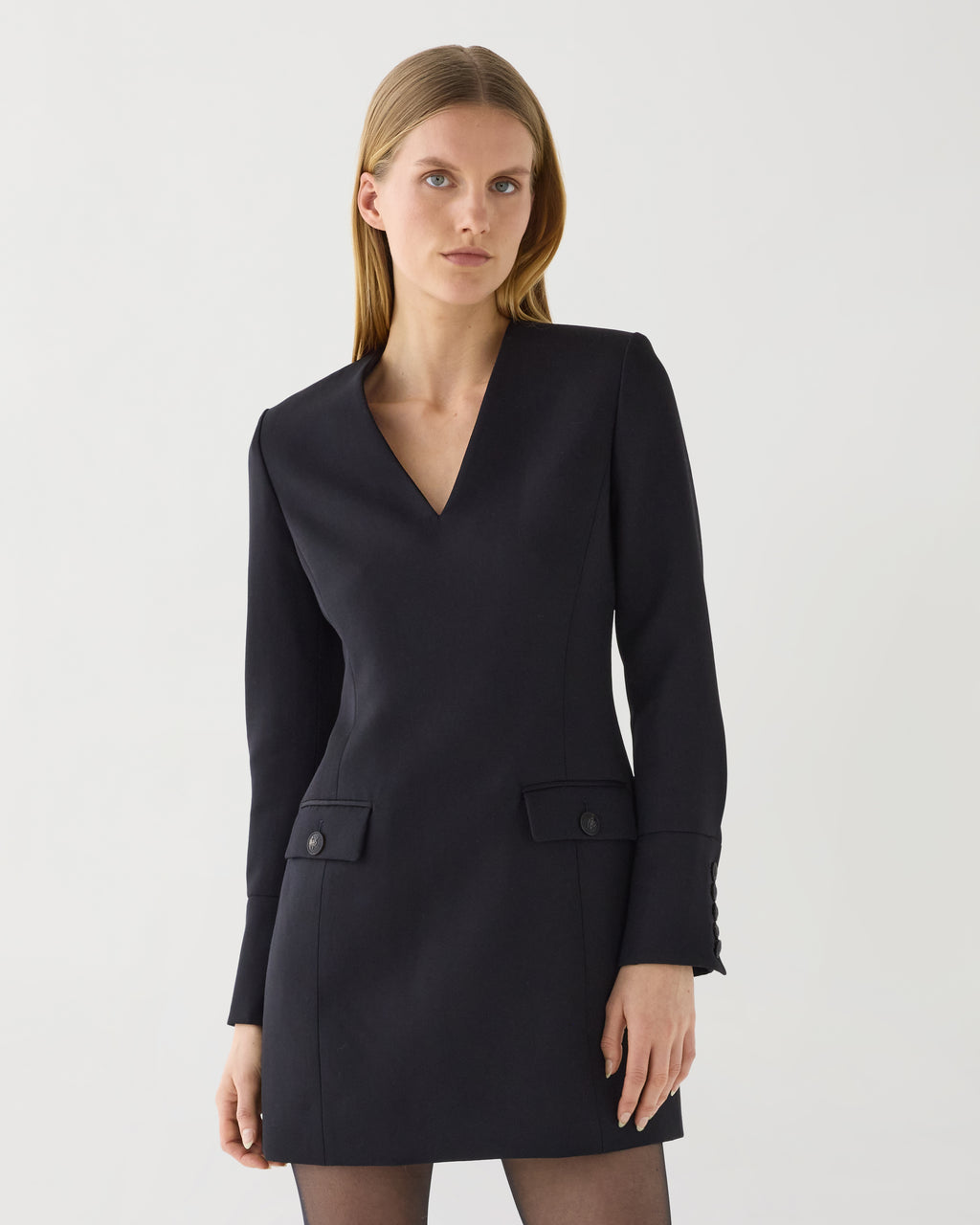 Black Elsie Dress in Grain de Poudre Wool by SALE, featuring a stylish and fitted design suitable for various occasions.