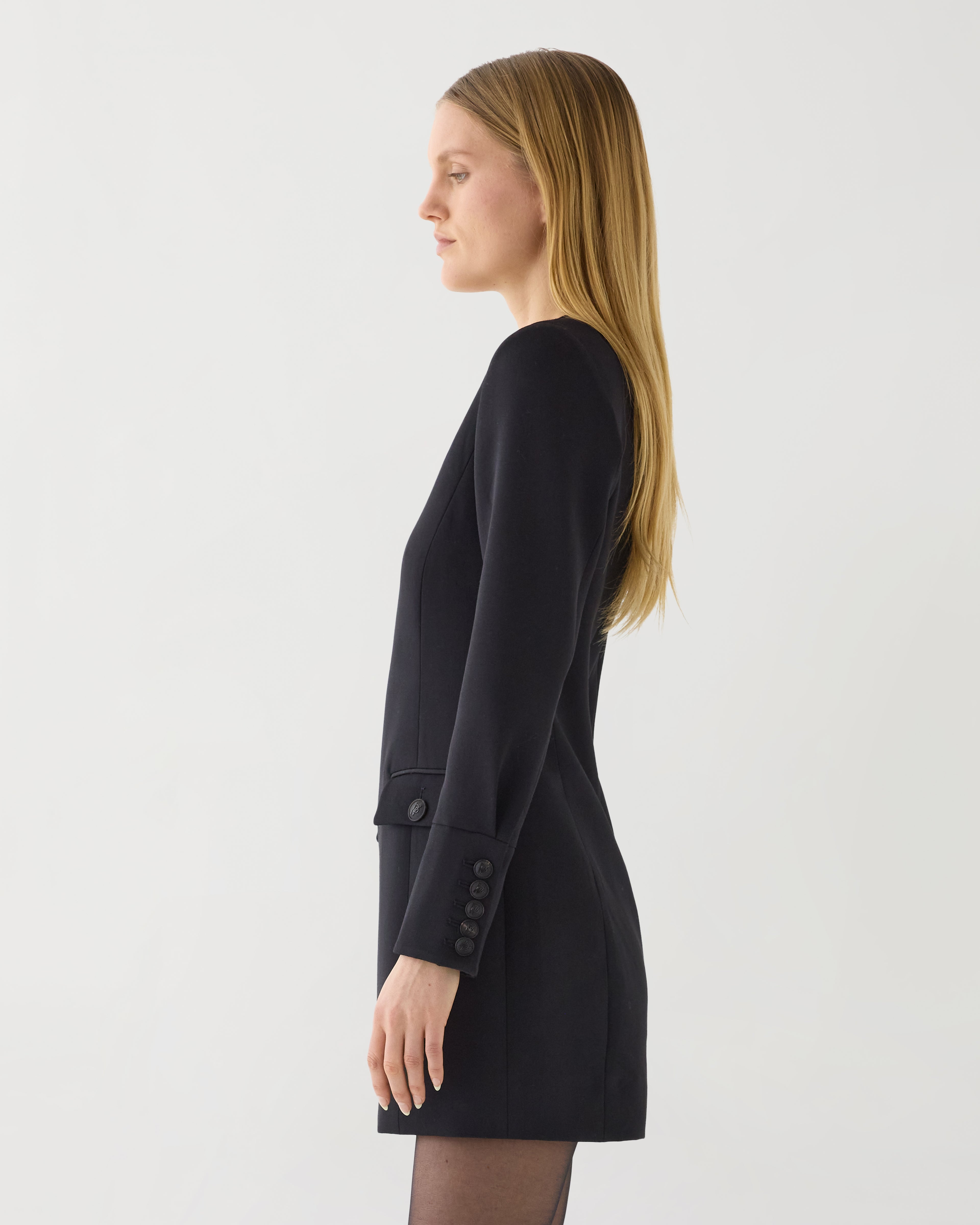 Black Elsie Dress made from Grain de Poudre wool, stylish and elegant, featuring a classic fit and subtle texture.