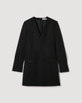 Black Elsie mini dress, Grain de Poudre wool, V-neck, long sleeves, pleated cuffs, sculpted silhouette, monogram buttons