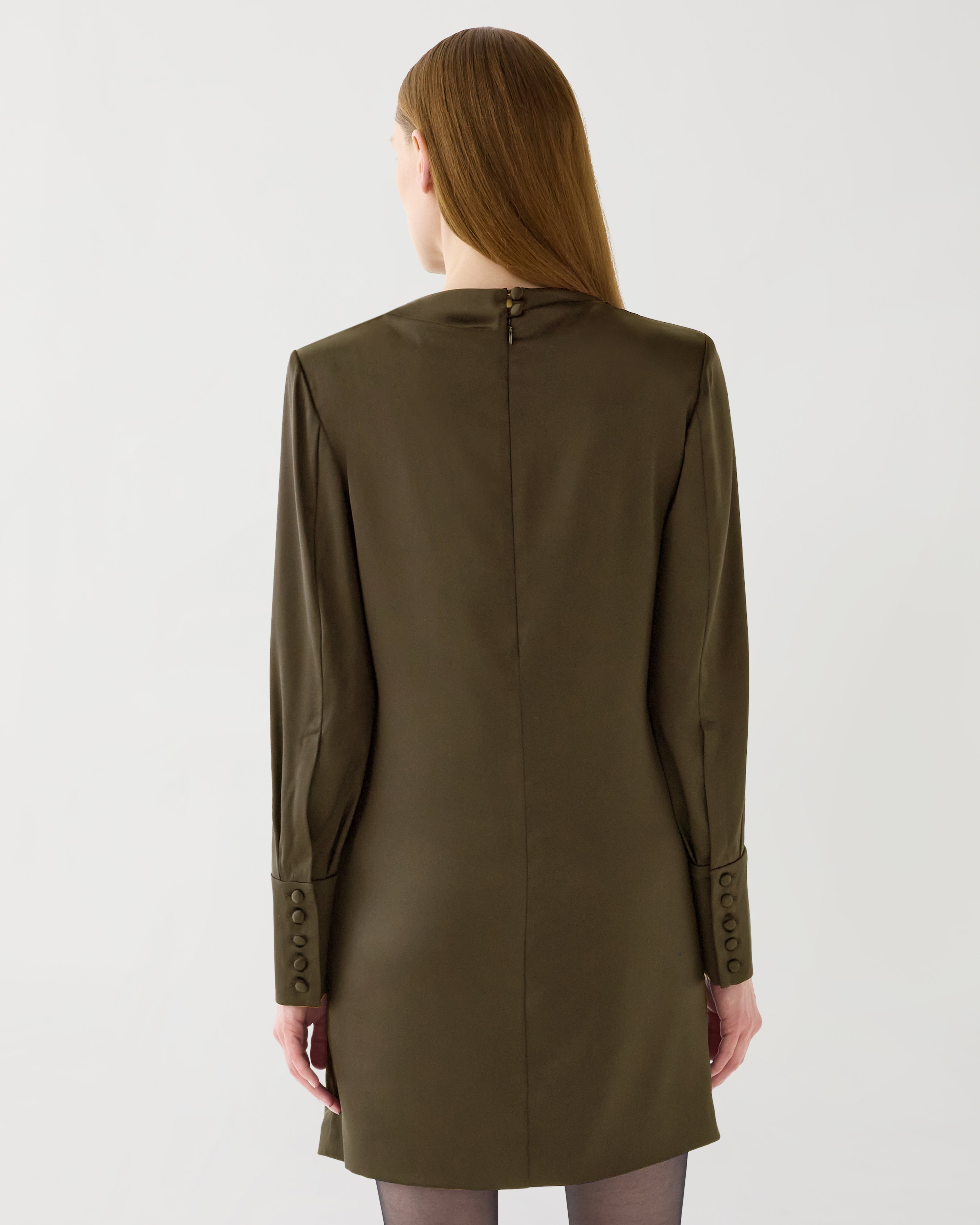 Veronica De Piante Amal dress in olive stretch silk, featuring a sleek, elegant design with a fitted silhouette.