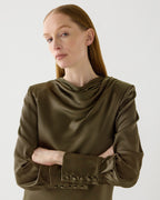 Olive green Amal Dress in stretch silk by Veronica De Piante, flowing design with elegant draping and smooth fabric.