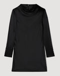 Amal black stretch satin mini dress with draped cowl neckline and delicate buttoned cuffs