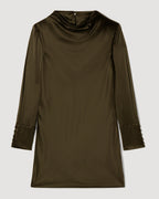 Veronica De Piante Amal Dress in olive stretch silk, showcasing a sleek, elegant dress with smooth fabric and stylish design.