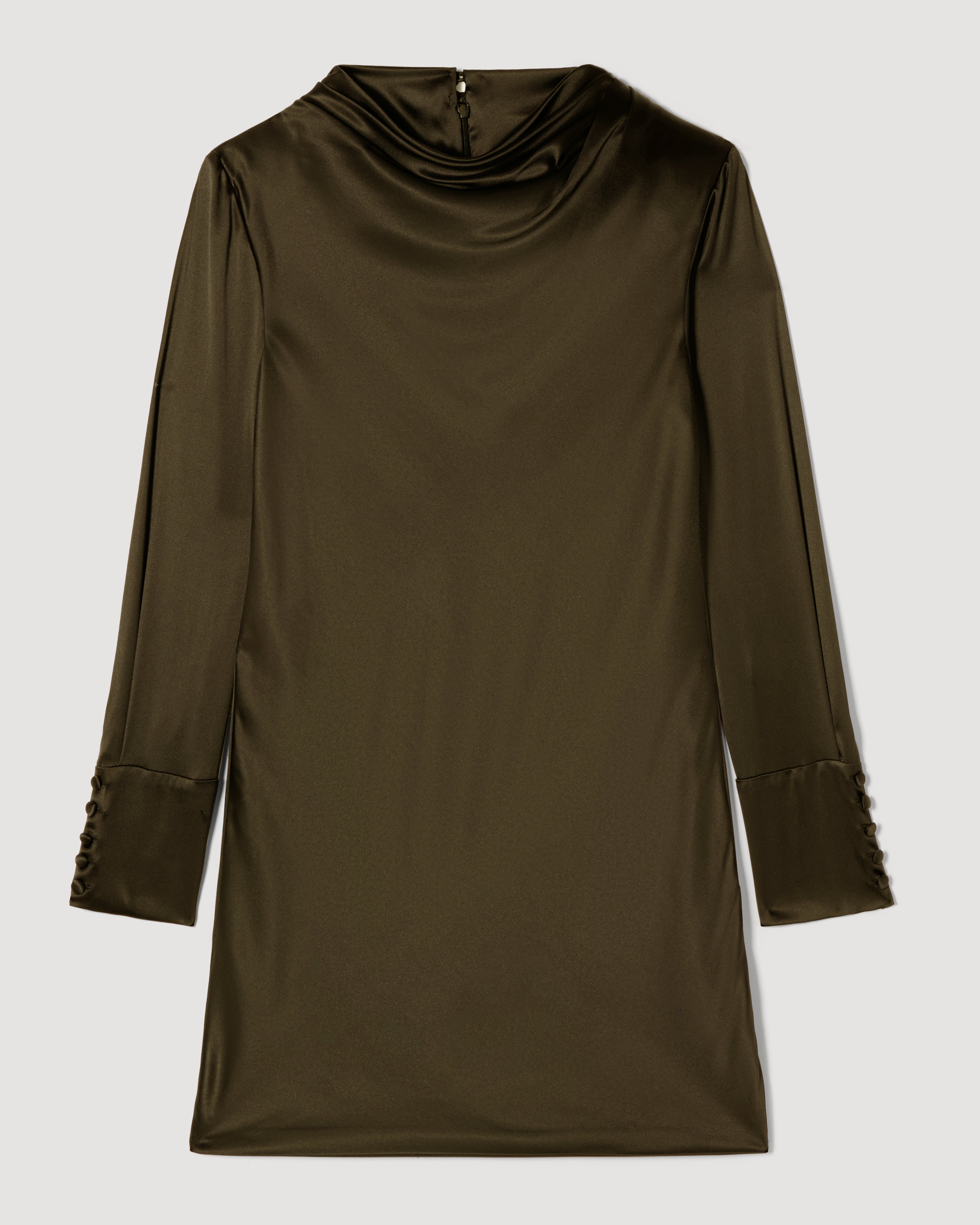 Veronica De Piante Amal Dress in olive stretch silk, showcasing a sleek, elegant dress with smooth fabric and stylish design.