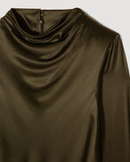 Olive green Amal dress in stretch silk by Veronica De Piante, showcasing a flowing design and elegant silhouette.