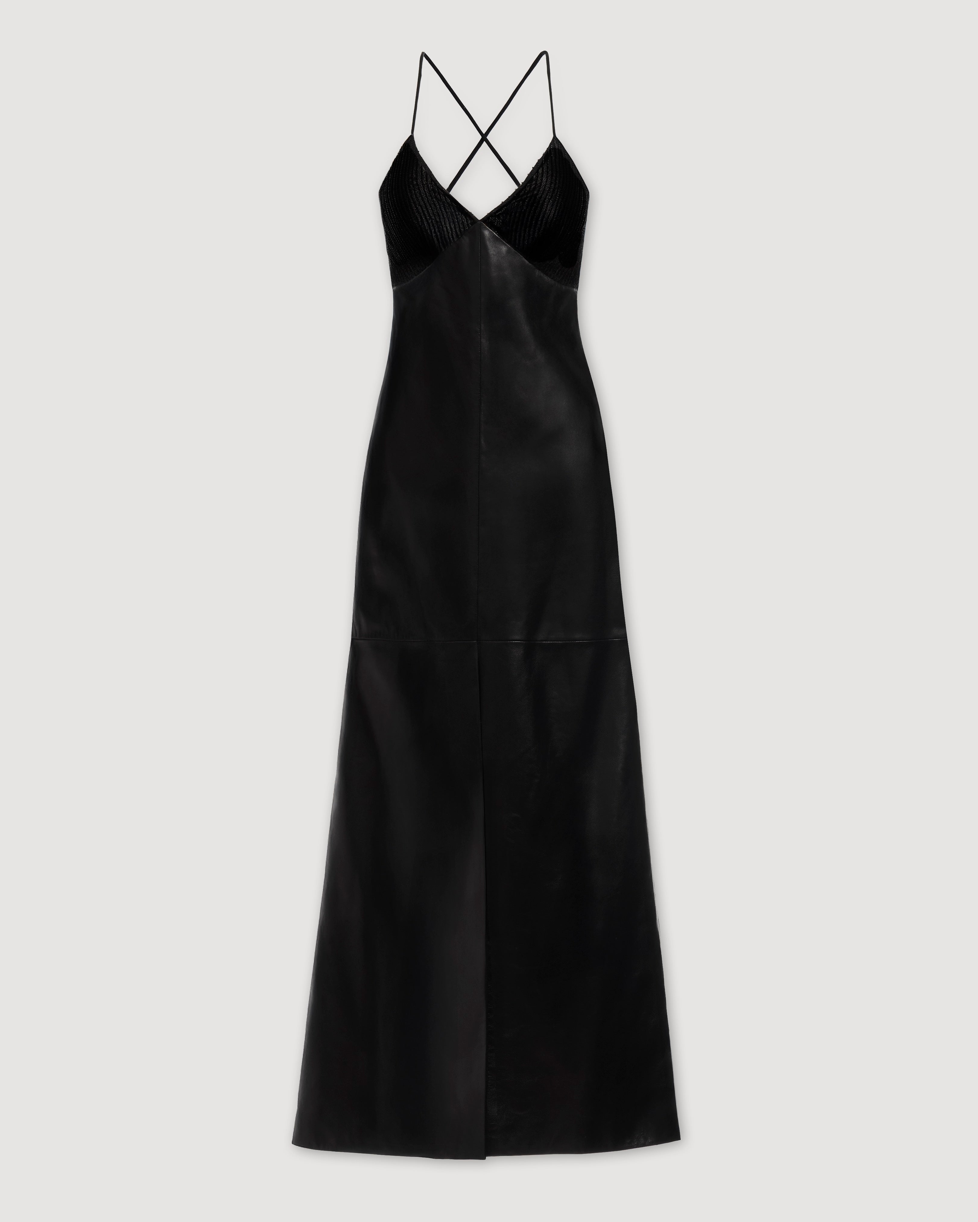 Black Amelia dress in Nappa leather by Veronica De Piante, featuring a sleek, fitted silhouette and stylish design.