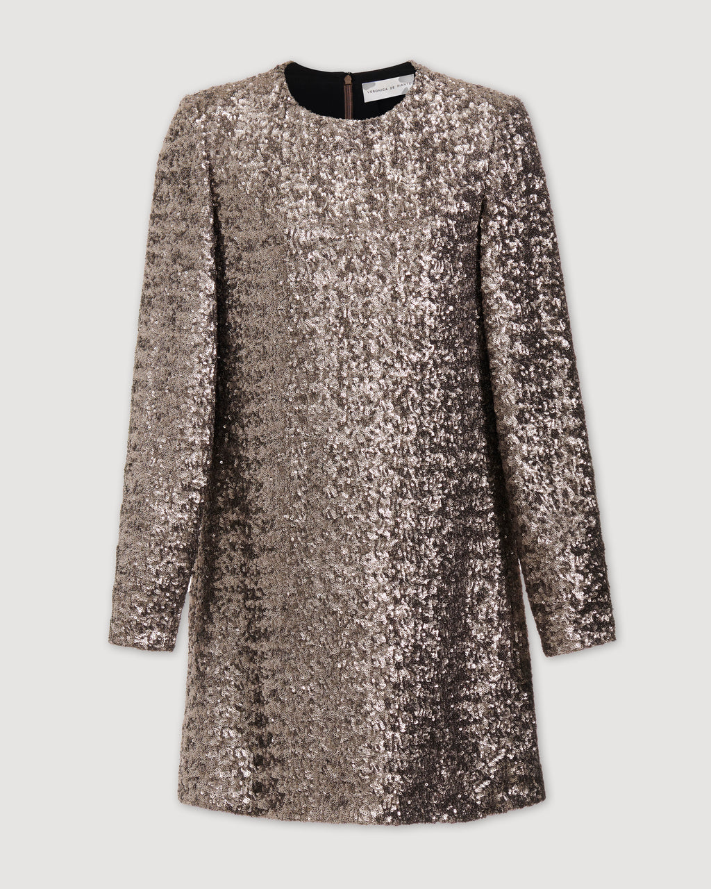 Veronica De Piante Layla dress in champagne with flat sequins, elegant sleeveless design, front view on a white background