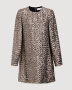Veronica De Piante Layla dress in champagne with flat sequins, elegant sleeveless design, front view on a white background