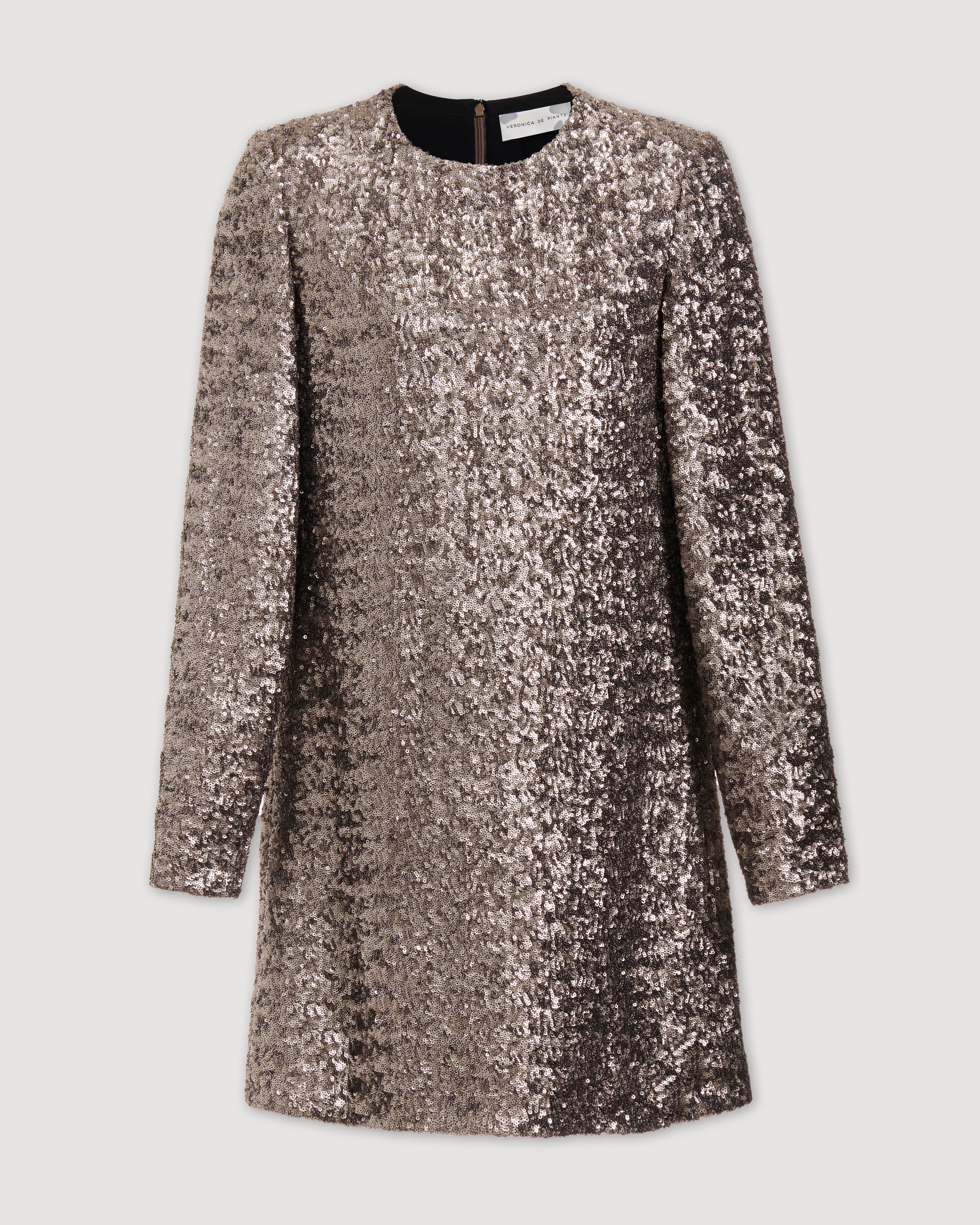 Veronica De Piante Layla dress in champagne with flat sequins, elegant sleeveless design, front view on a white background