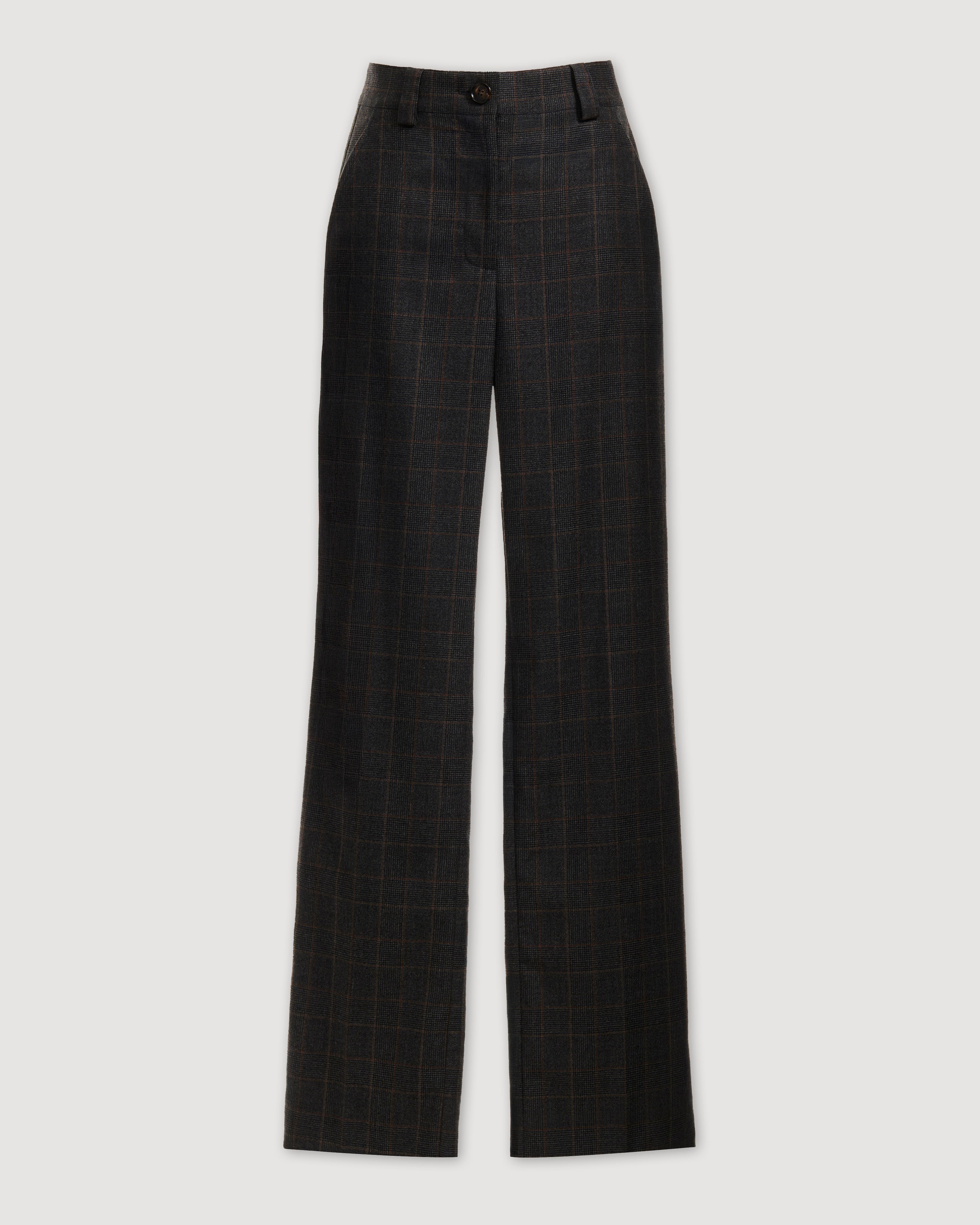 Dark grey plaid Avery trousers in suiting fabric, featuring a tailored fit and stylish design for sophisticated looks.