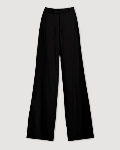 Black Taylor Trouser, straight-leg 100% silk. Mid-rise, French pockets. Italian menswear-informed tailoring