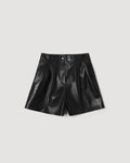 Tilly Short in black lightweight nappa leather packshot with high waist pleated front horn button