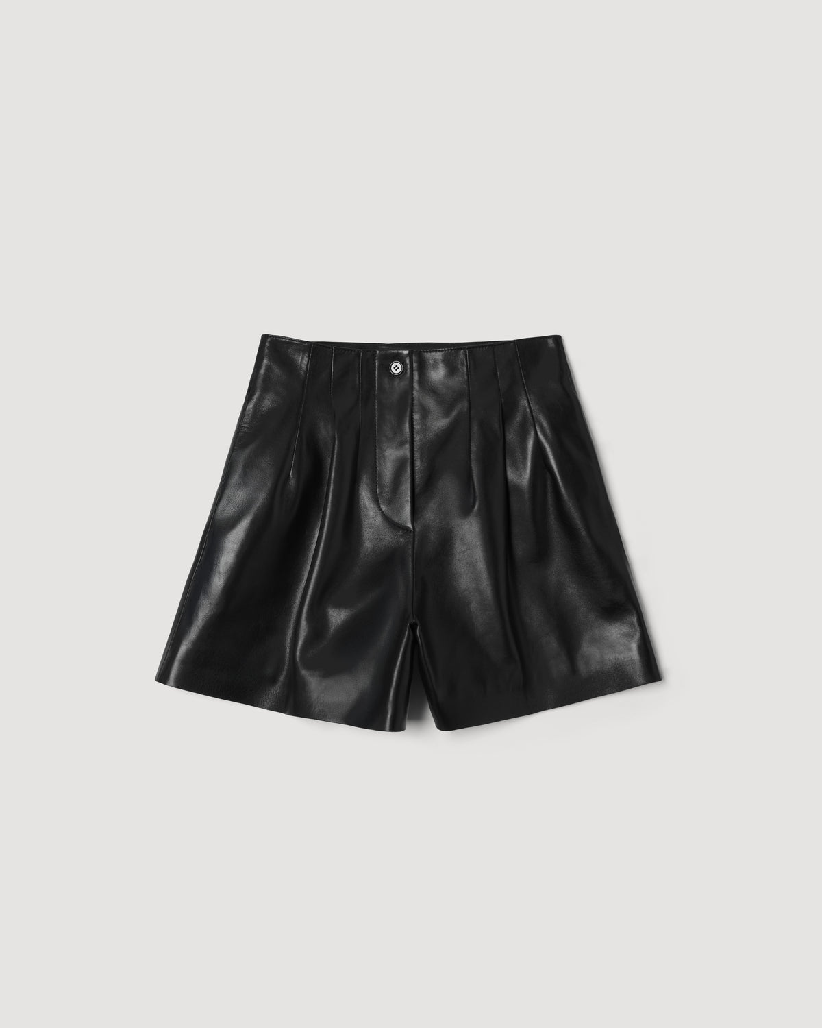 Tilly Short in black lightweight nappa leather packshot with high waist pleated front horn button