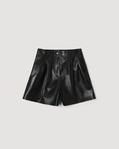 Tilly Short in black lightweight nappa leather packshot with high waist pleated front horn button