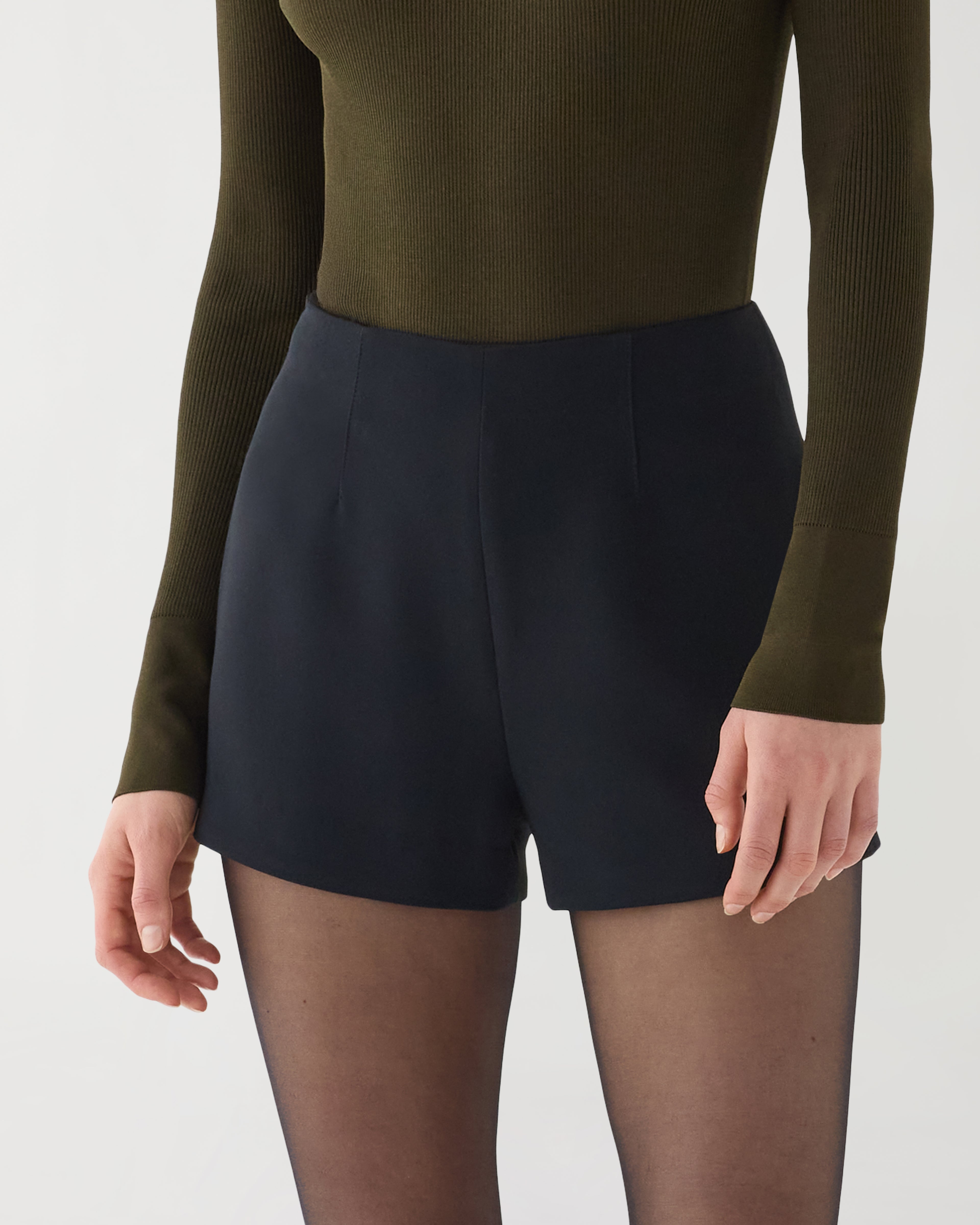 Black Luisa shorts in stretch viscose crepe by Veronica De Piante, showcasing a sleek and stylish design.