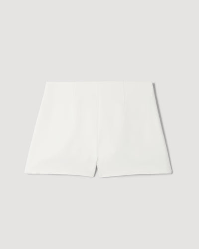 Luisa Off-White Stretch Wool-Viscose Crepe Shorts packshot. Tailored, structured, clean waist, concealed zip