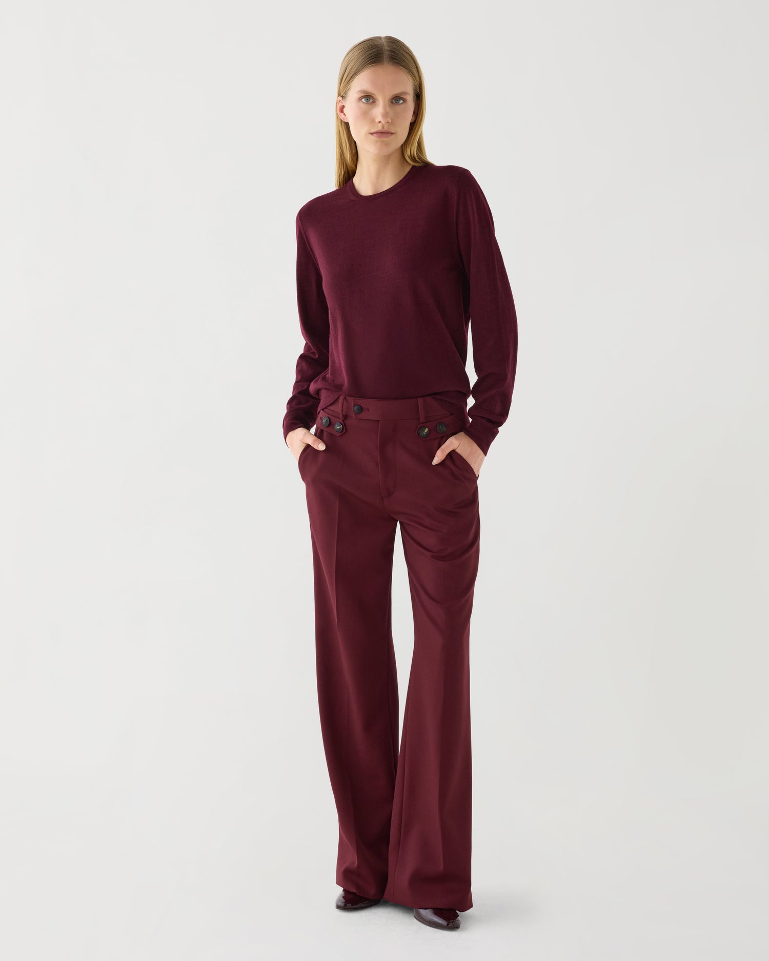 Rhea Trouser in Grain de Poudre Wool, Garnet
