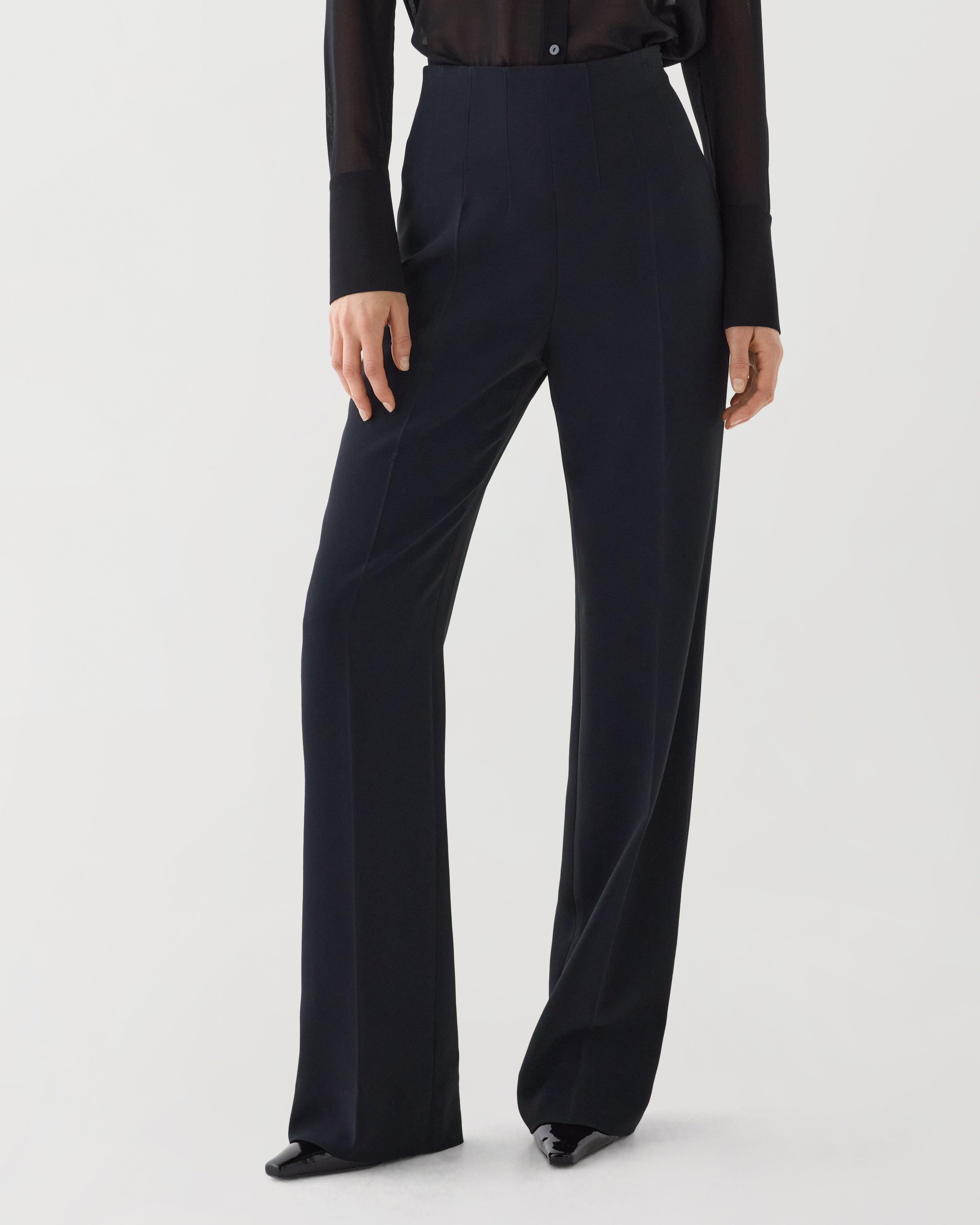 Black Naya Trouser in stretch viscose crepe fabric, stylish and comfortable bottoms with a tailored fit.