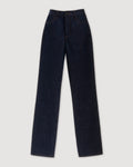 Dark wash Nico Trousers packshot. Straight-leg raw denim pants, Italy. Monogram button, front pockets, contrast stitch
