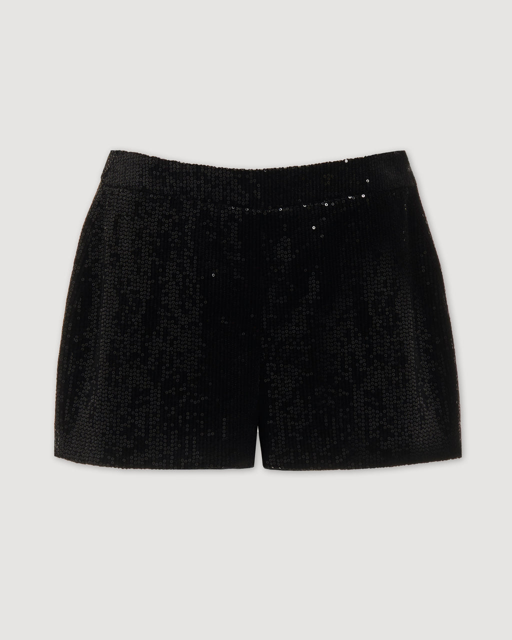 Black Helena Shorts in stretch sequin by Veronica De Piante, featuring a stylish and shimmering fabric design.