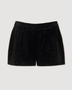 Black Helena Shorts in stretch sequin by Veronica De Piante, featuring a stylish and shimmering fabric design.