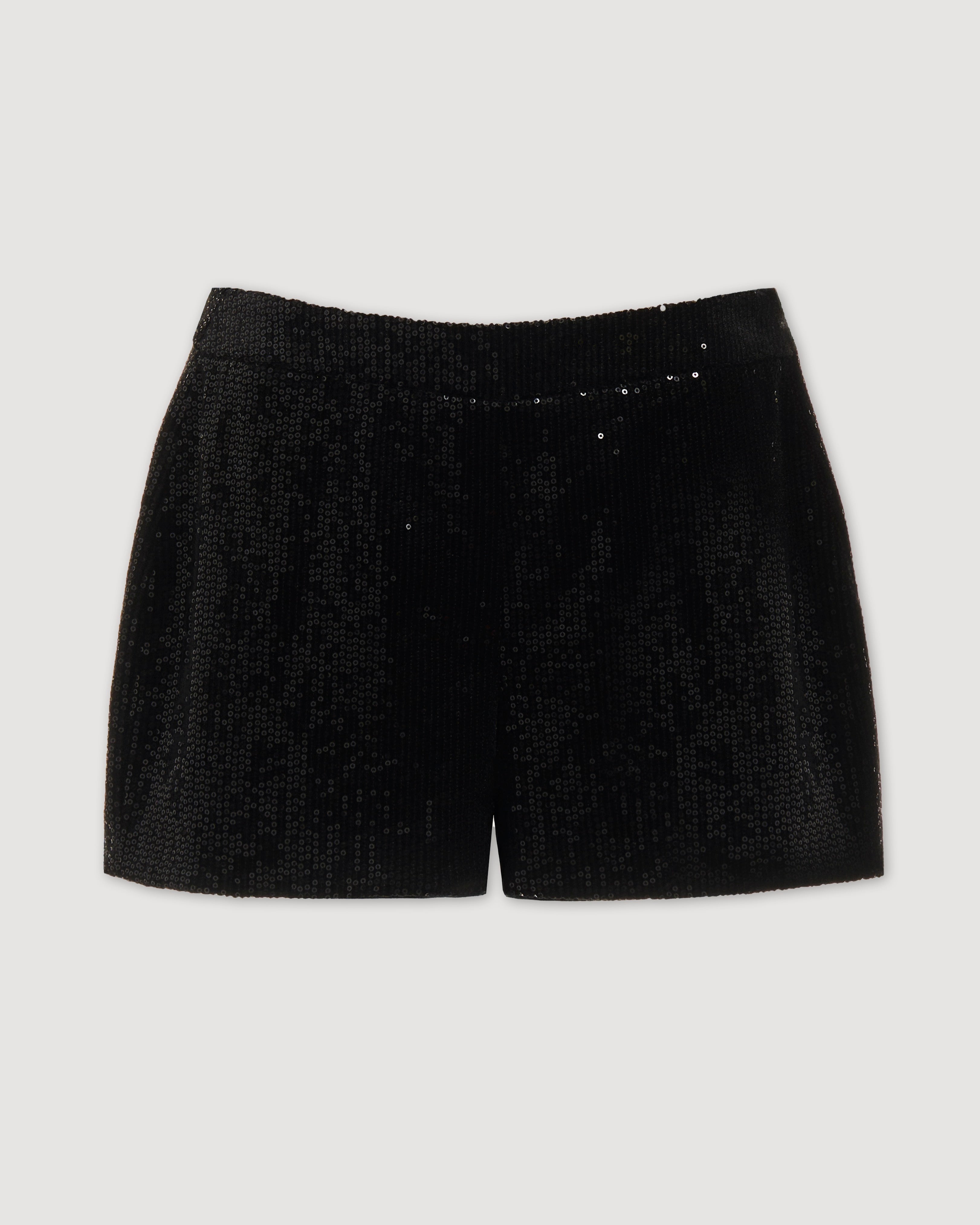 Black Helena Shorts in stretch sequin by Veronica De Piante, featuring a stylish and shimmering fabric design.