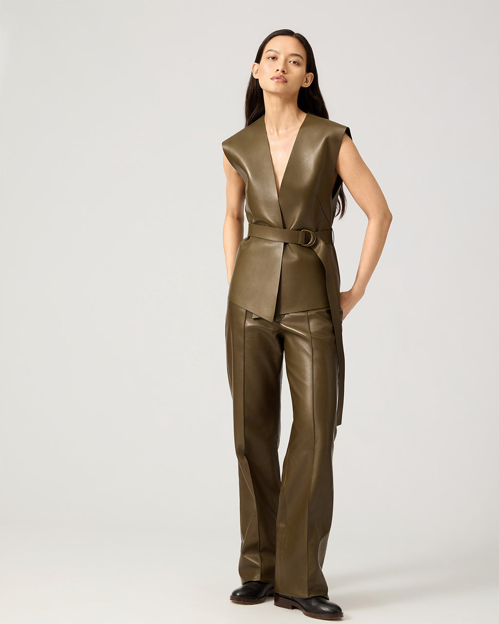 Mirella Trousers In Plongé Leather, Dark Olive