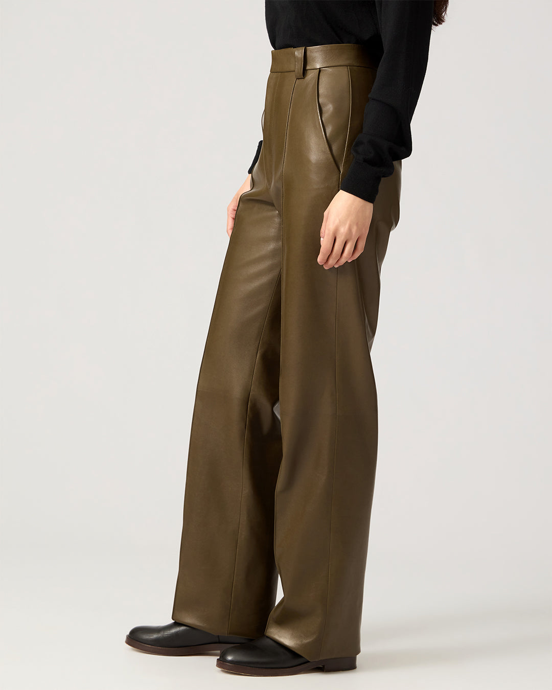 Mirella Trousers In Plongé Leather, Dark Olive