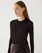 Vienna Bodysuit, chocolate semi-sheer stretch jersey, fitted long-sleeve, round neckline, on female model