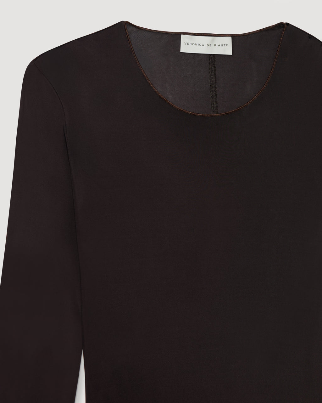 Vienna Bodysuit in sheer chocolate stretch jersey with round neckline and delicate binding, packshot