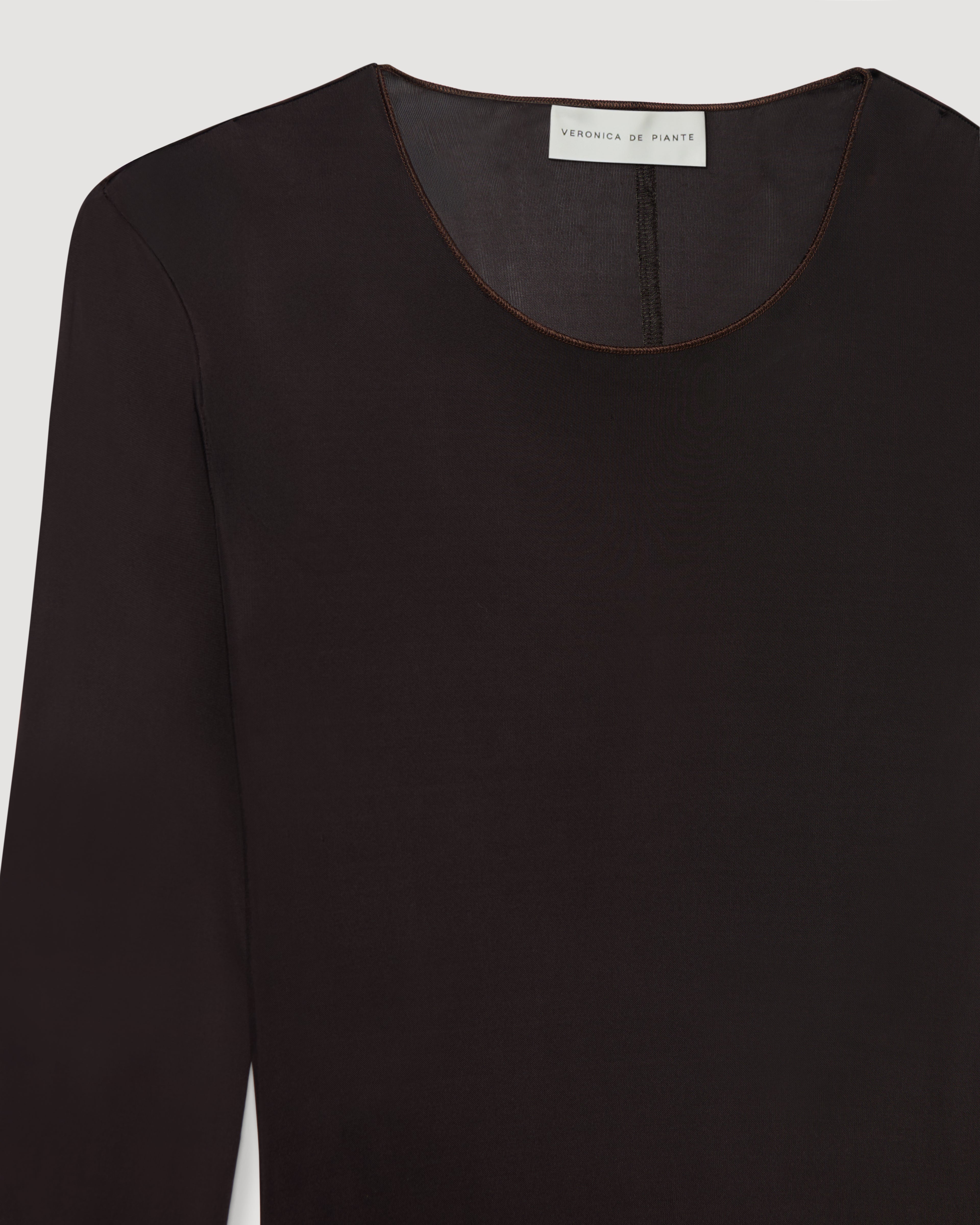 Vienna Bodysuit in sheer chocolate stretch jersey with round neckline and delicate binding, packshot