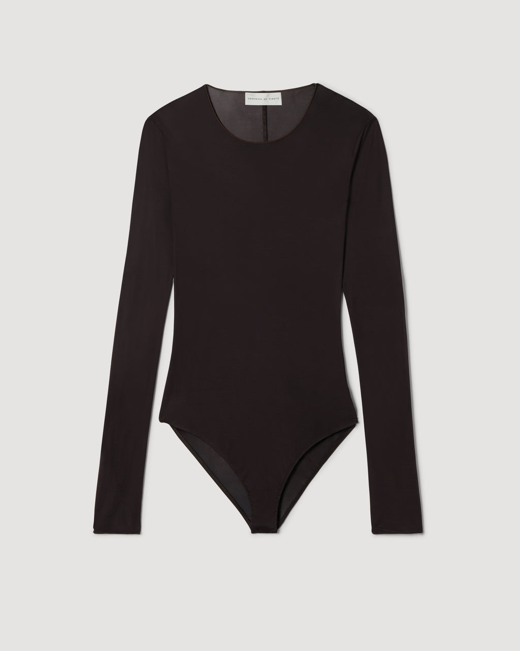 Luxury chocolate Vienna Bodysuit packshot, semi-sheer stretch jersey, long sleeve, round neck