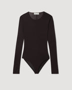 Luxury chocolate Vienna Bodysuit packshot, semi-sheer stretch jersey, long sleeve, round neck