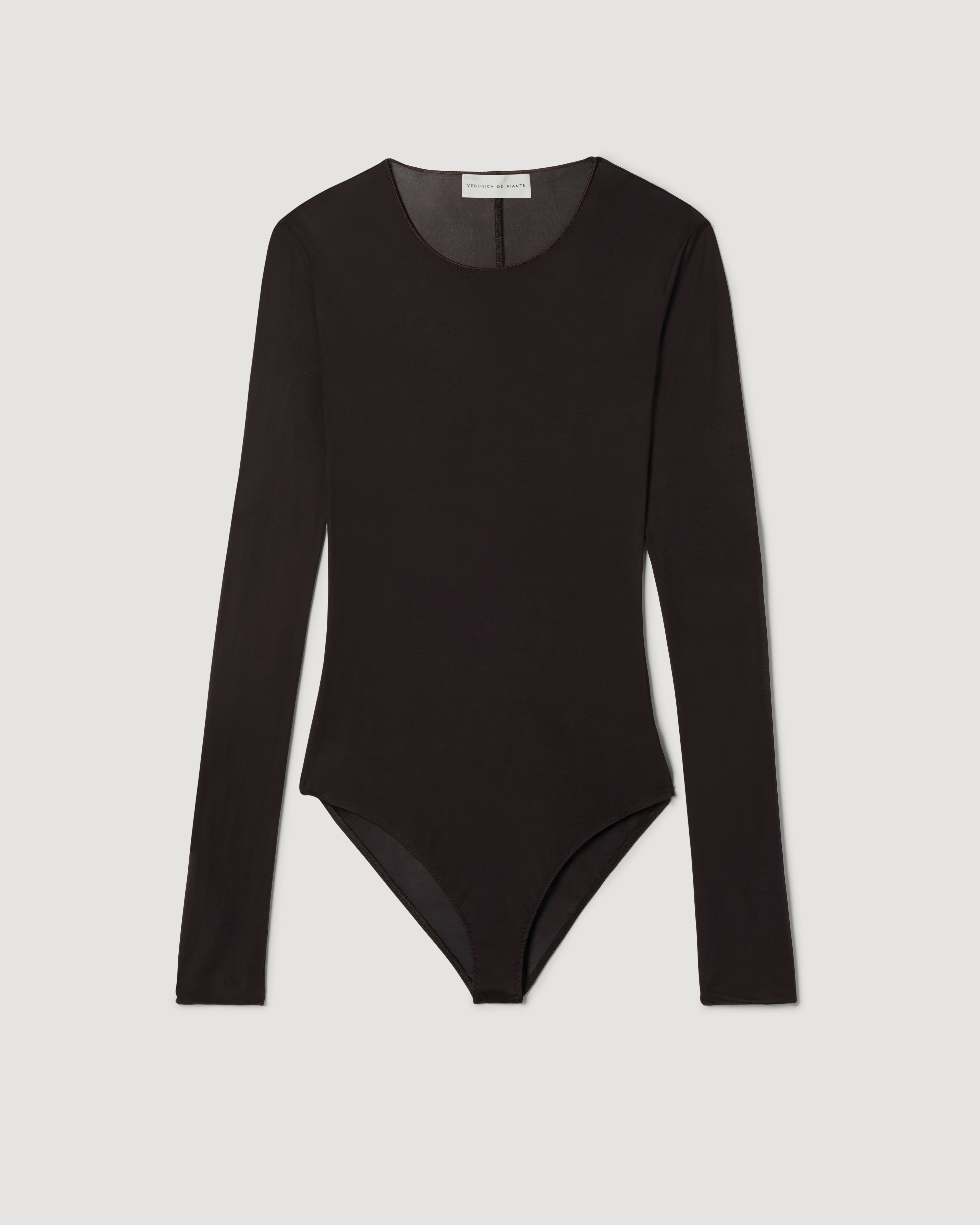 Luxury chocolate Vienna Bodysuit packshot, semi-sheer stretch jersey, long sleeve, round neck