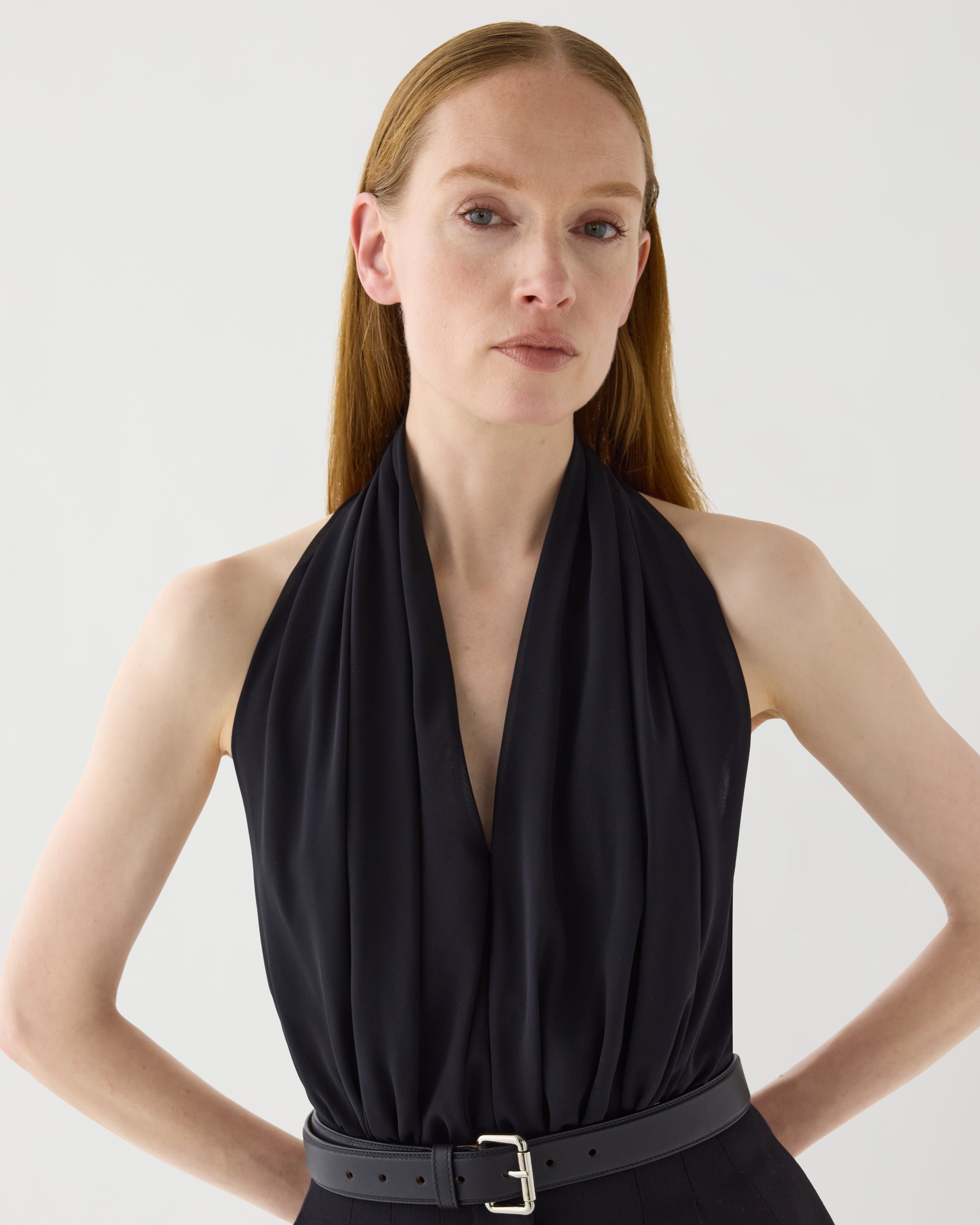 Valerie Bodysuit in Gathered Chiffon,  Black