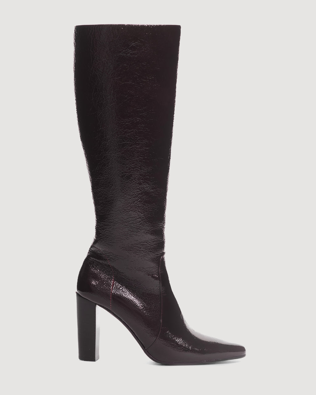 Veronica De Piante Anouk high boots in burgundy patent leather, stylish women's shoes with a sleek finish and pointed toe.