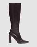 Anouk High Boots: Burgundy reflective patent leather, knee-high, structured shaft, defined ankle line, pointed toe, block heel